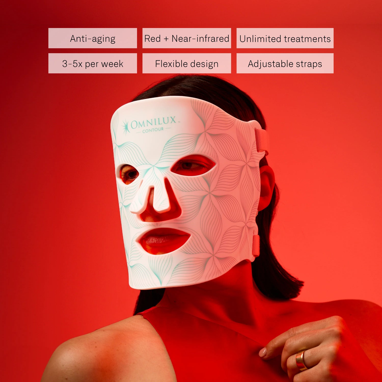 anti-aging, red + near infrared, ulimited treatments, 3-5x per week, flexible design, adjustable straps